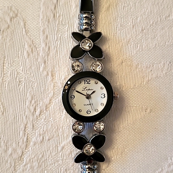 Floral Silver-tone & Black Enamel Watch with Sparkling Crystals! - Picture 5 of 14